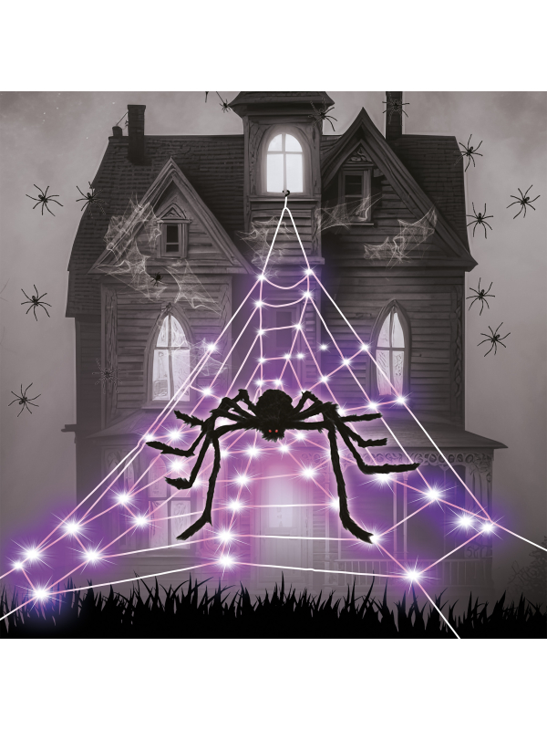 Énorme Toile d’Araignée LED et son Araignée Terrifiante : Déco Halloween intérieur et extérieur