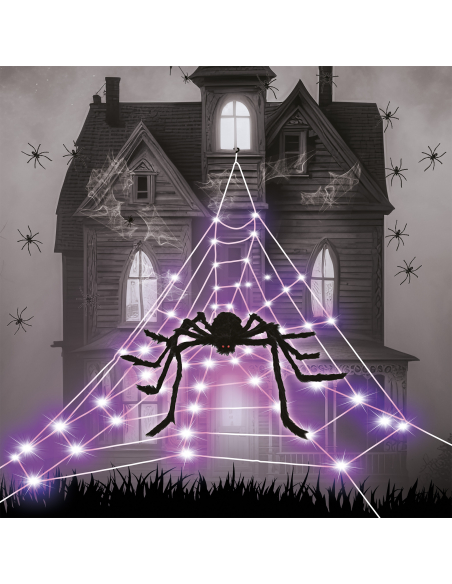 Énorme Toile d’Araignée LED et son Araignée Terrifiante : Déco Halloween intérieur et extérieur