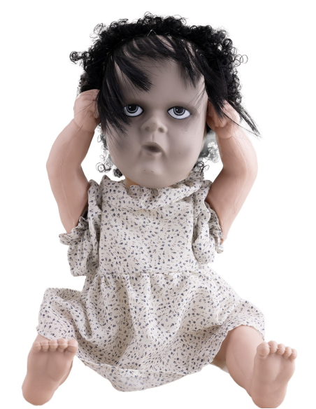 Poupée Possédée Animatronic 40 cm - Automate Halloween à Double Visage Démoniaque et Rires Terrifiants