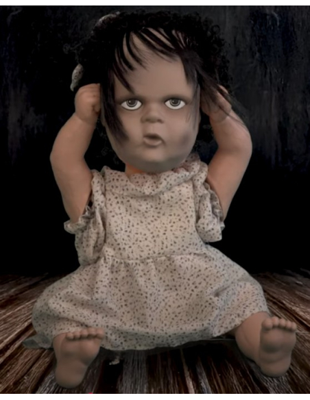 Poupée Possédée Animatronic 40 cm - Automate Halloween à Double Visage Démoniaque et Rires Terrifiants