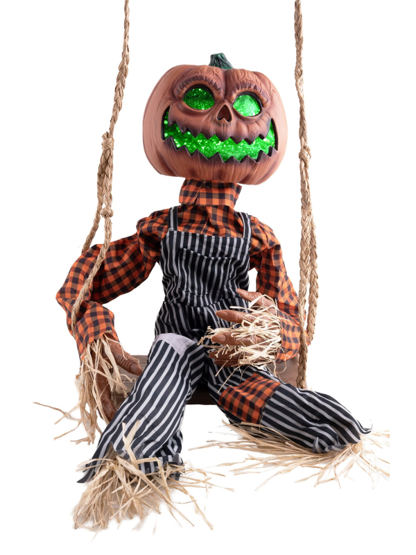Citrouille épouvantail animée sur balançoire Halloween