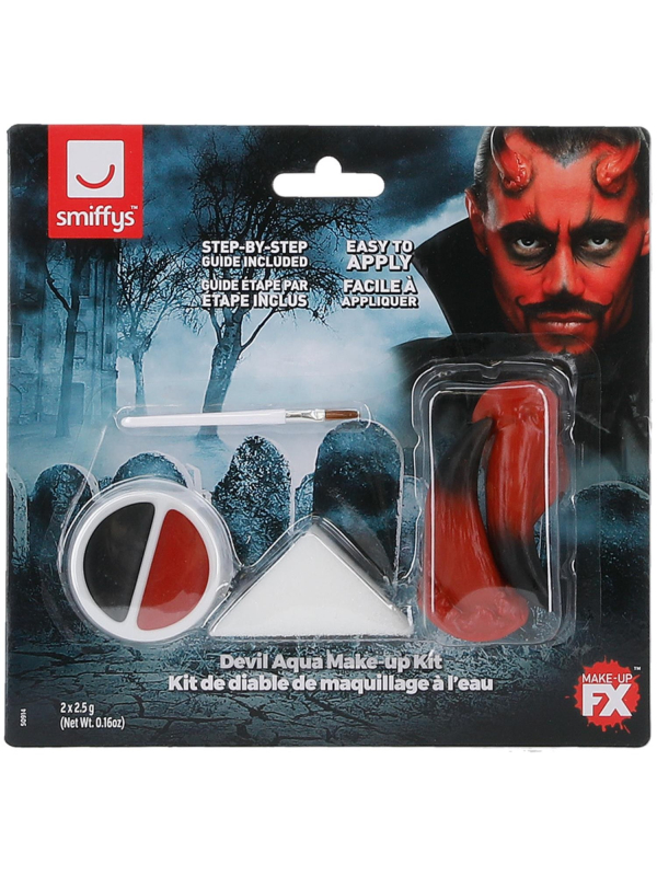 Kit Maquillage Diable Rouge et Noir (maquillage, cornes, éponge, applicateur)