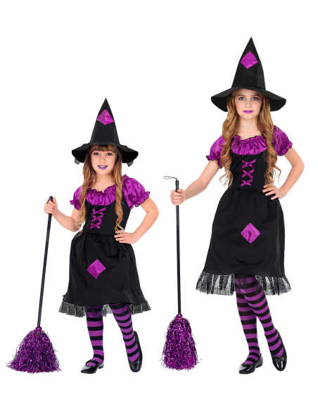Déguisement Sorcière Fille noir et violet (robe avec jupon crinoline, chapeau)