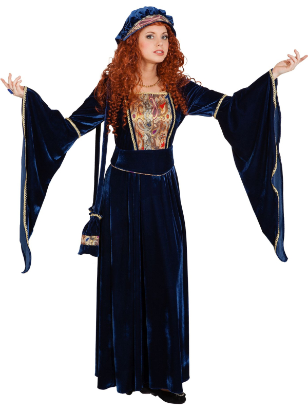 Costume Médiéval Luxe Femme - Robe Velours Bleu avec Coiffe