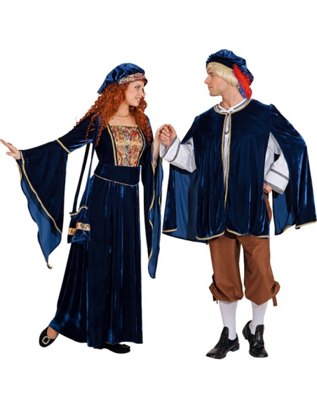Costume Médiéval Luxe Femme - Robe Velours Bleu avec Coiffe