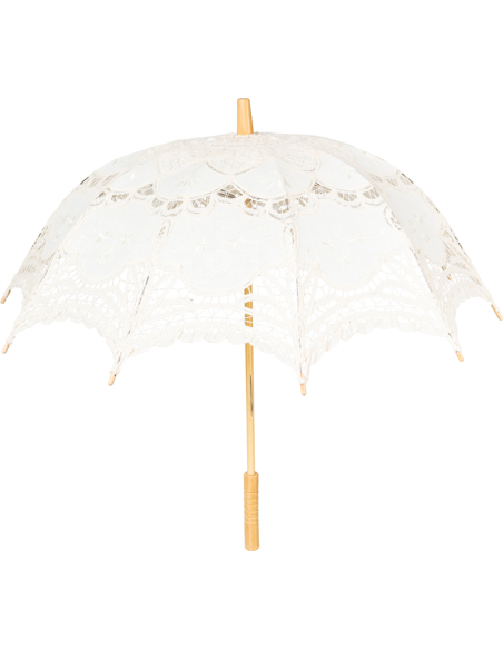 Ombrelle blanche avec dentelle au crochet et manche en bambou