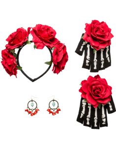 Set d’Accessoires Día de los Muertos : Serre-tête, Gants et Boucles d’Oreilles