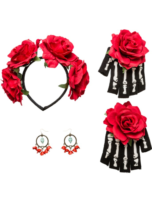 Set d’Accessoires Día de los Muertos : Serre-tête, Gants et Boucles d’Oreilles