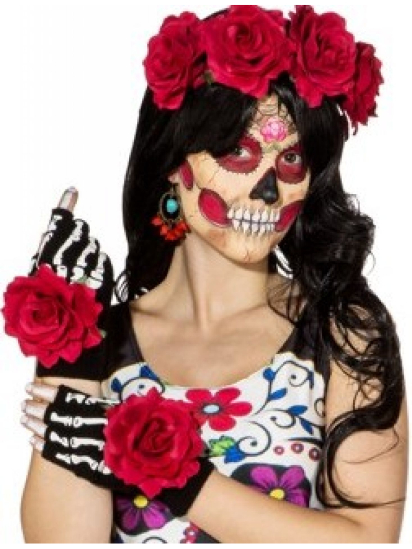 Set d’Accessoires Día de los Muertos : Serre-tête, Gants et Boucles d’Oreilles