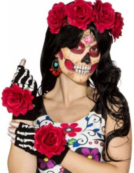 Set d’Accessoires Día de los Muertos : Serre-tête, Gants et Boucles d’Oreilles