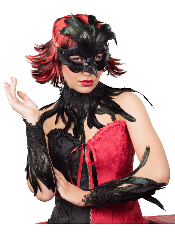 Ensemble Accessoires Corbeau : Masque, Collier et Chauffe-bras en Plumes Véritables