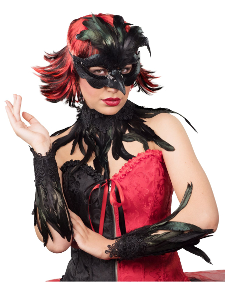 Ensemble Accessoires Corbeau : Masque, Collier et Chauffe-bras en Plumes Véritables