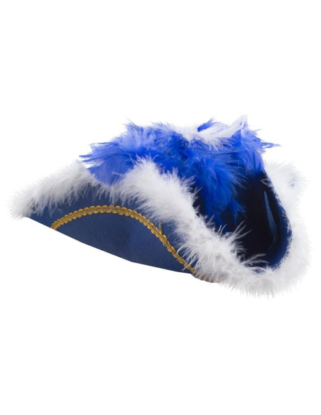 Chapeau tricorne bleu de Majorette avec plumes et boa