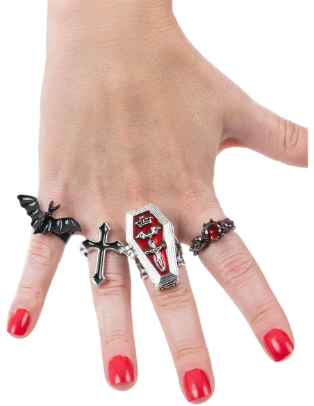 Bagues Vampire Gothiques – Lot de 4 Accessoires pour Halloween et Cosplay Sombre