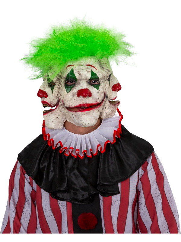 Masque de clown effrayant à trois visages – Latex avec cheveux verts
