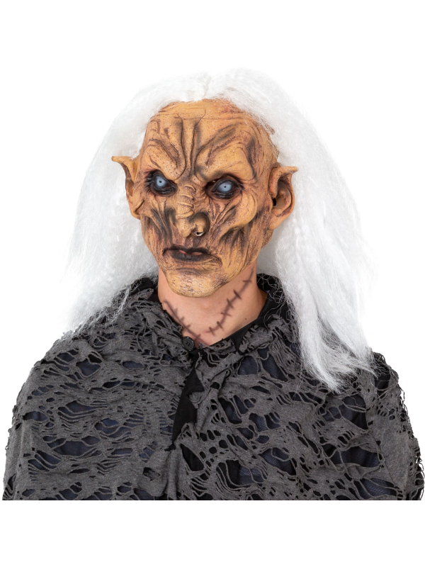 Masque de sorcière démoniaque avec cheveux blancs – Effrayant et ultra réaliste