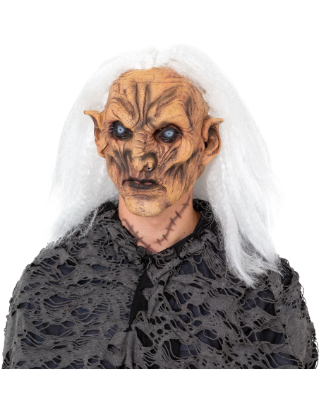 Masque de sorcière démoniaque avec cheveux blancs – Effrayant et ultra réaliste