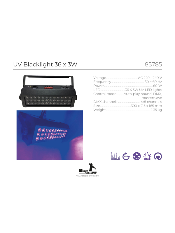 Projecteur UV LED Blacklight – 36 x 3 W – Contrôle DMX | Stage Effect
