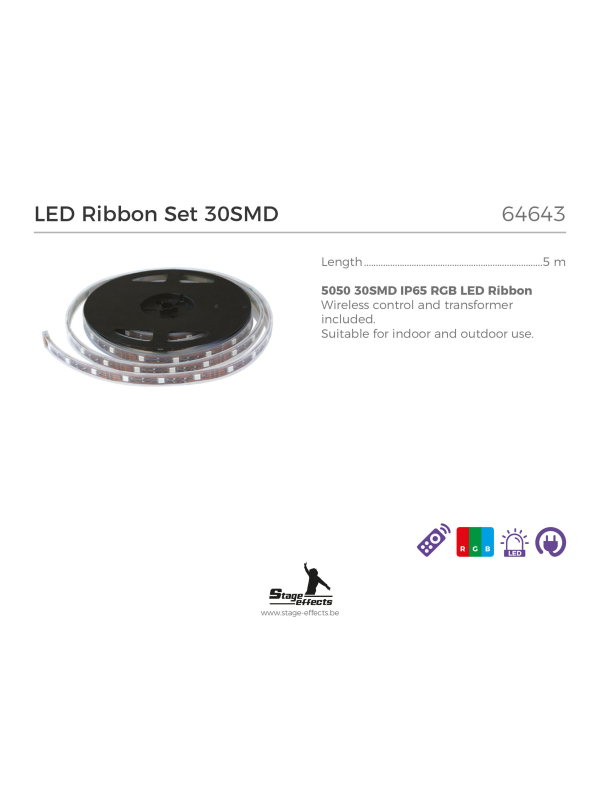 Ruban LED 5 mètres – SMD 5050 – 30 LEDs/m – Étanche IP65