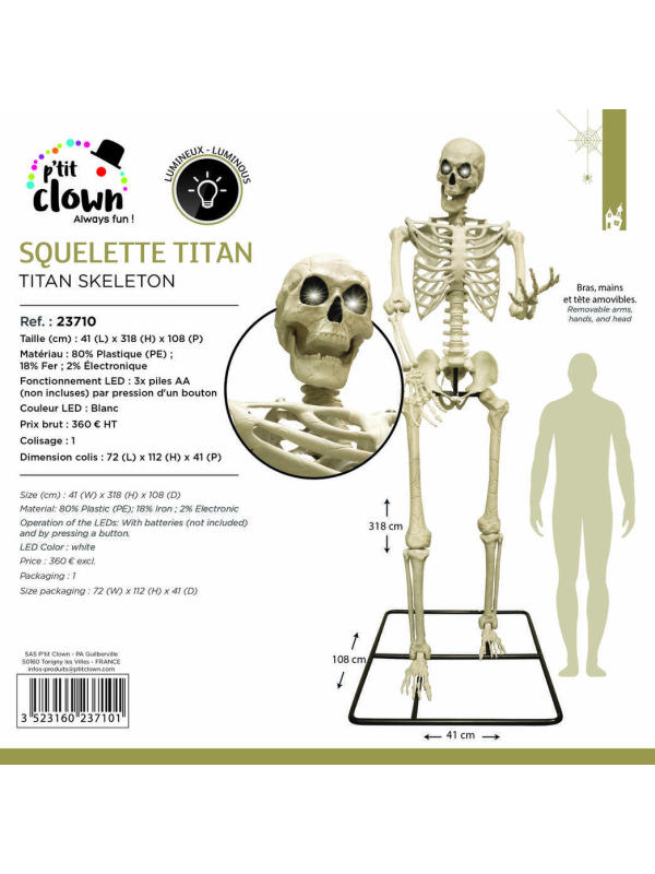 Squelette Titan 318 cm avec Yeux Lumineux – Décoration Halloween Géante