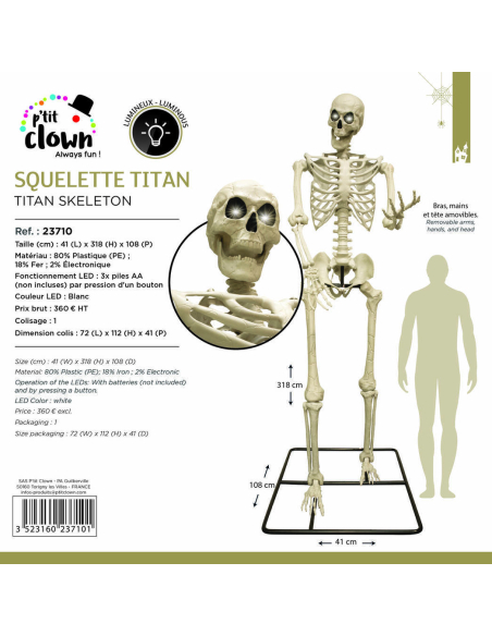 Squelette Titan 318 cm avec Yeux Lumineux – Décoration Halloween Géante