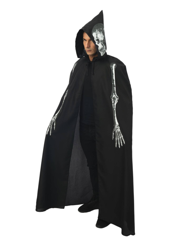 Cape Halloween noire pour adulte avec imprimé squelette