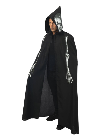 Cape Halloween noire pour adulte avec imprimé squelette