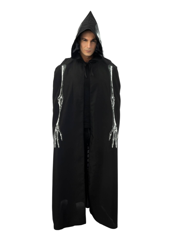 Cape Halloween noire pour adulte avec imprimé squelette