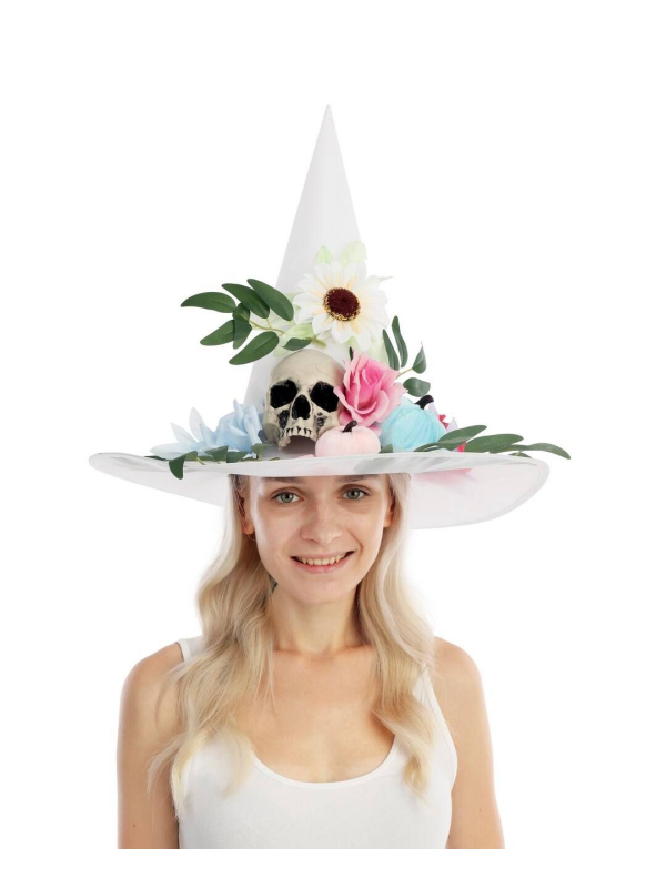 Chapeau de Sorcière Blanc à Fleurs Pastel – Élégance et mystère pour Halloween