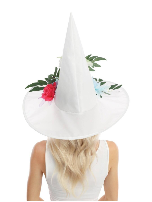 Chapeau de Sorcière Blanc à Fleurs Pastel – Élégance et mystère pour Halloween