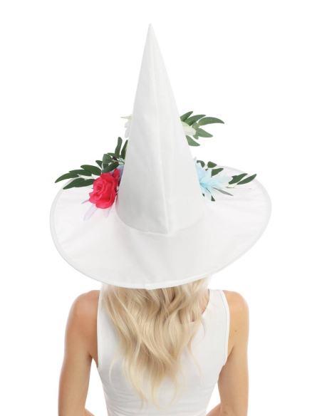 Chapeau de Sorcière Blanc à Fleurs Pastel – Élégance et mystère pour Halloween