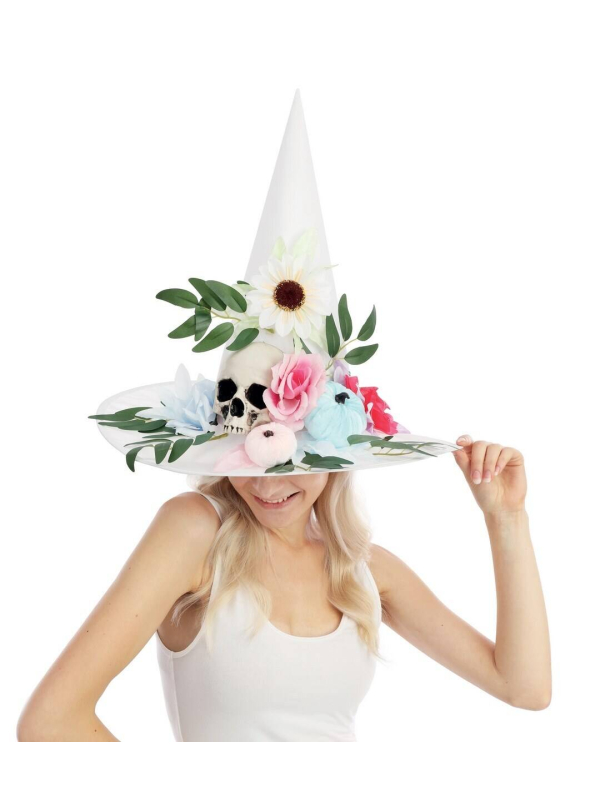 Chapeau de Sorcière Blanc à Fleurs Pastel – Élégance et mystère pour Halloween