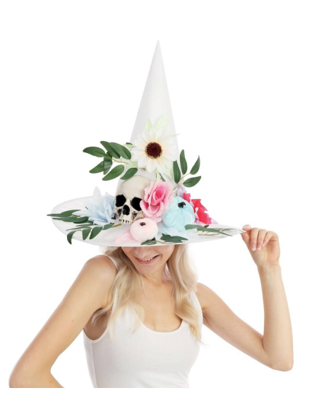 Chapeau de Sorcière Blanc à Fleurs Pastel – Élégance et mystère pour Halloween