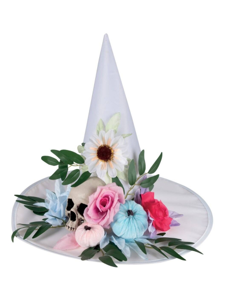 Chapeau de Sorcière Blanc à Fleurs Pastel – Élégance et mystère pour Halloween