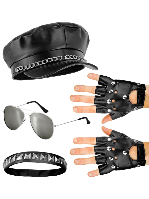 Accessoires Rocker Biker – Kit complet (Chapeau, Collier, Gants, Lunettes)