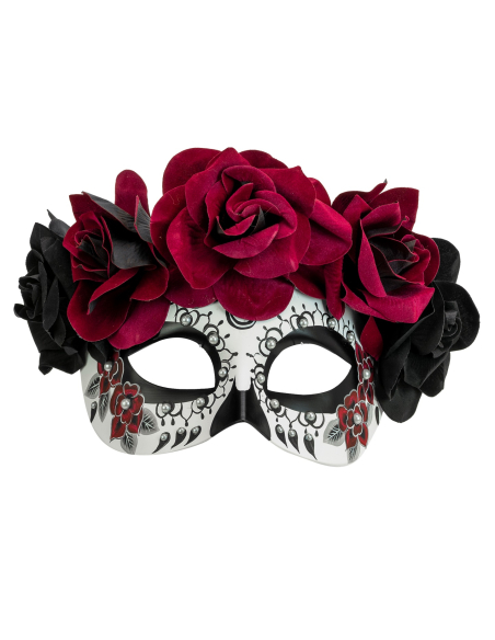 Masque Dia de los Muertos avec Roses Noires et Bordeaux – Finition Luxe