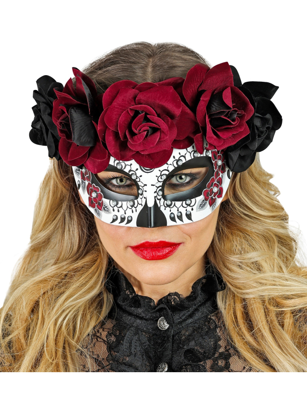 Masque Dia de los Muertos avec Roses Noires et Bordeaux – Finition Luxe