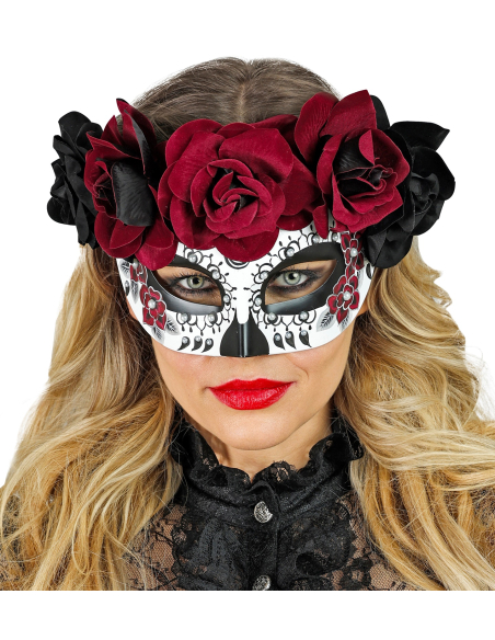 Masque Dia de los Muertos avec Roses Noires et Bordeaux – Finition Luxe