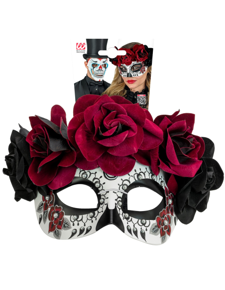 Masque Dia de los Muertos avec Roses Noires et Bordeaux – Finition Luxe
