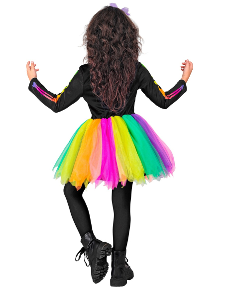 Déguisement de squelette tutu fluo pour fille – Look arc-en-ciel effrayant et mignon