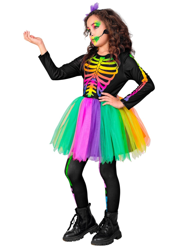 Déguisement de squelette tutu fluo pour fille – Look arc-en-ciel effrayant et mignon