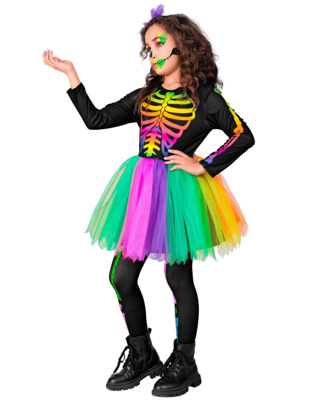 Déguisement de squelette tutu fluo pour fille – Look arc-en-ciel effrayant et mignon