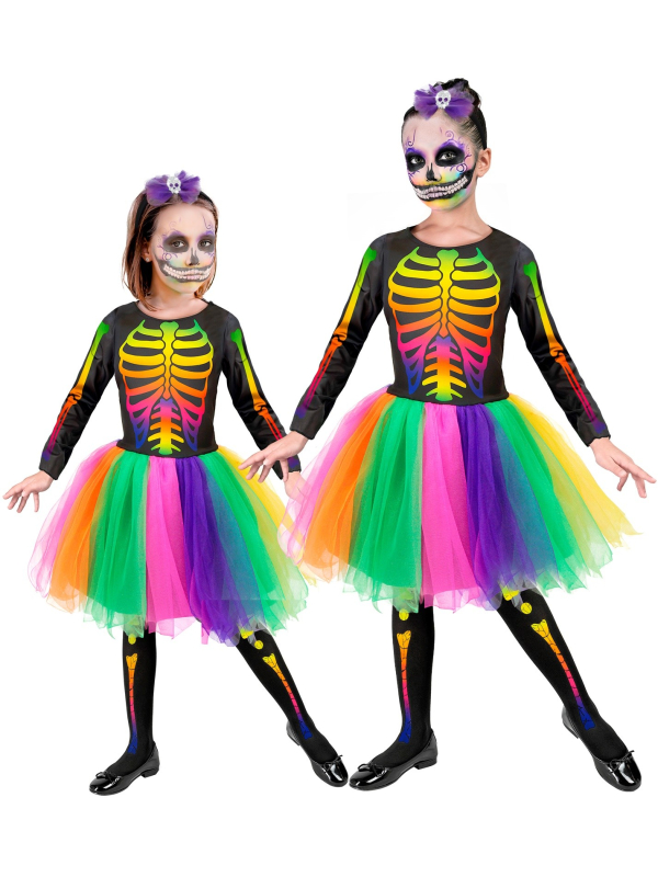 Déguisement de squelette tutu fluo pour fille – Look arc-en-ciel effrayant et mignon