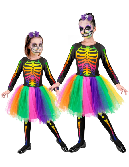 Déguisement de squelette tutu fluo pour fille – Look arc-en-ciel effrayant et mignon