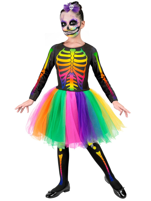 Déguisement de squelette tutu fluo pour fille – Look arc-en-ciel effrayant et mignon