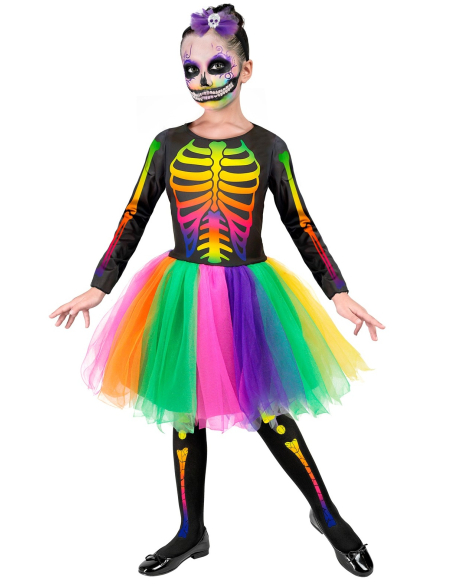 Déguisement de squelette tutu fluo pour fille – Look arc-en-ciel effrayant et mignon