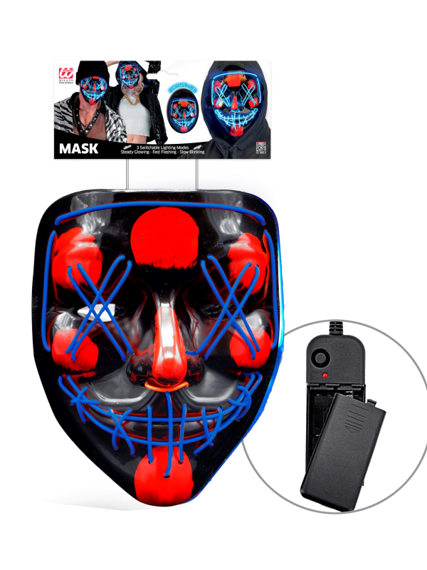 Masque effrayant LED bleu – Effet néon, 3 modes...