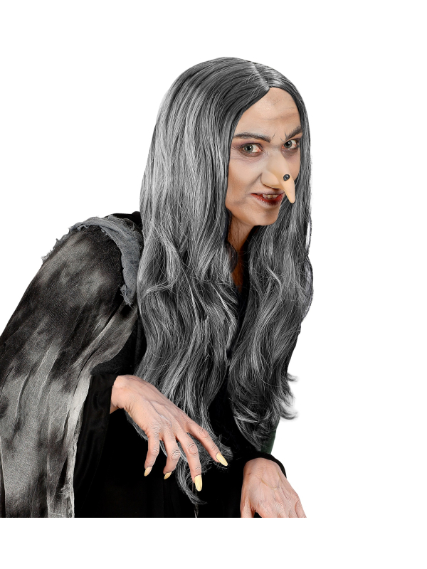 Perruque grise de Sorcière aux cheveux longs, Halloween femme