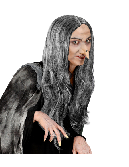 Perruque grise de Sorcière aux cheveux longs, Halloween femme