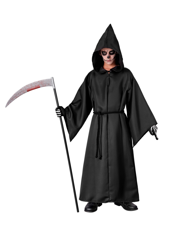 Déguisement de Faucheuse Enfant – Tunique Noire à Capuche avec Ceinture